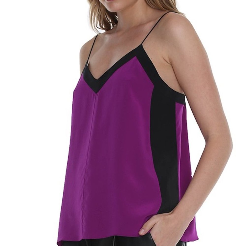 Tibi Heavy Silk V-Neck Silk Cami, Boysenberry/Black - Picture 3 of 13
